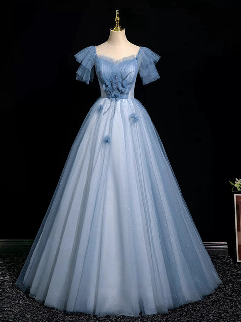 Blue A-Line Tulle Off Shoulder Beaded Sweetheart Party Dress,  Long Blue Prom Dress